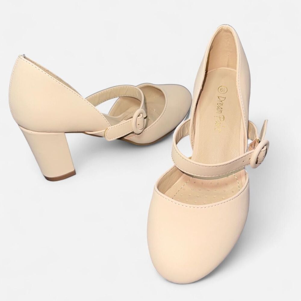 Nude Mary Jane Pumps with Round Toe and Block Heels Size 6.5 - NWT - Picture 4 of 10